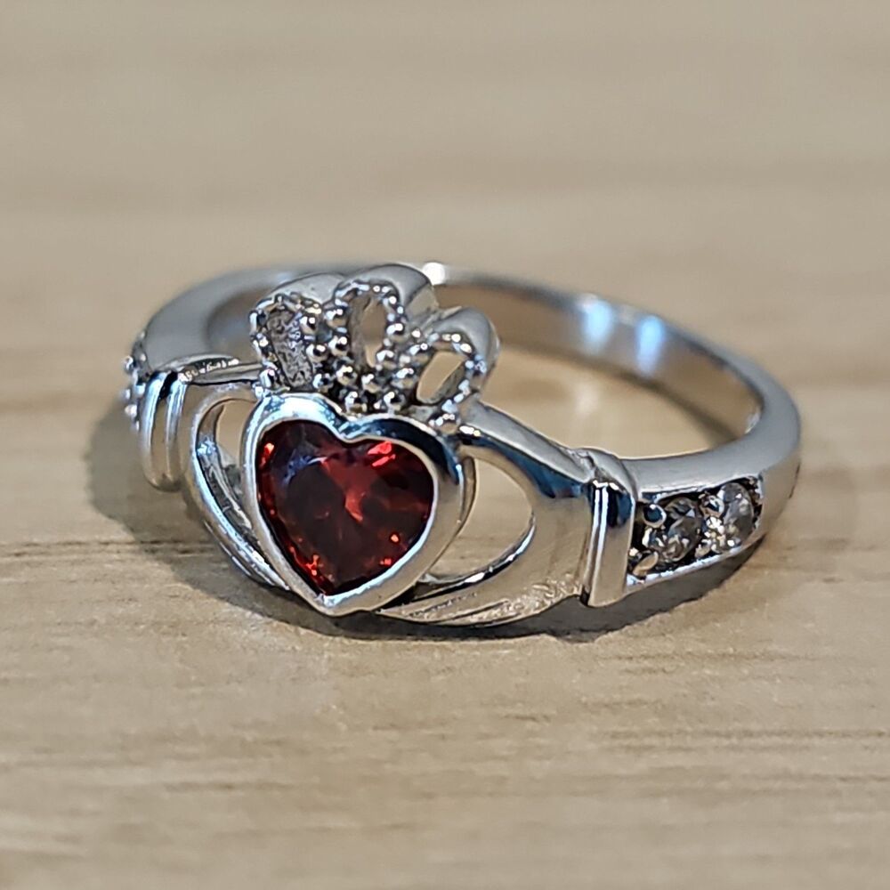 Sterling Silver Claddagh Ring with Red and Clear Gems Size 6 ShanOre
